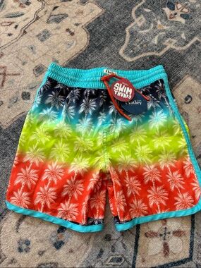 NWT. Hatley Boys Ombre Palm Swim Trunks - Turquoise, Lime, Coral, size 7